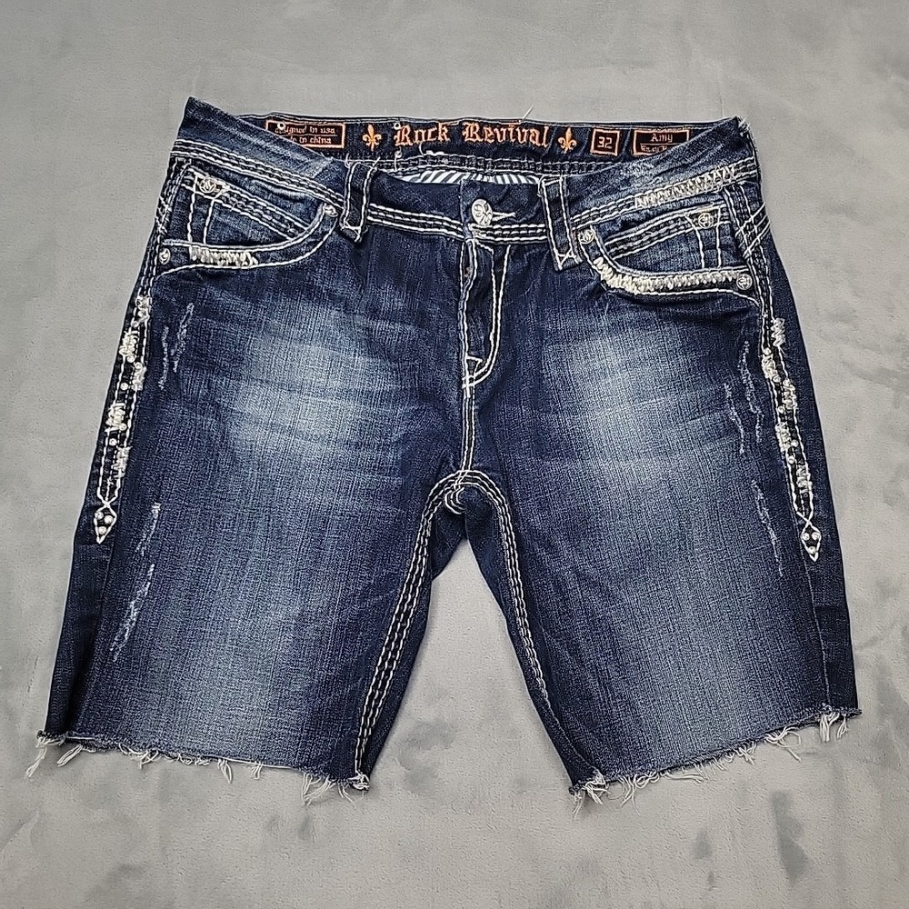 Rock‎ Revival Shorts Womens 32 Blue Amy Easy Boot Embellished Cut Off Denim Y2K